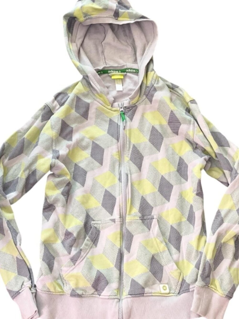 Adidas Neo Label Geometric Zip Hoodie Women Small Yellow Gray Pattern